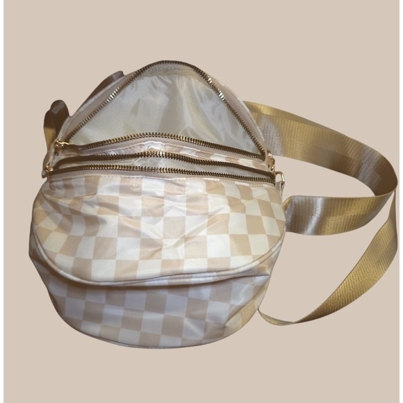 Beige Checkered Crossbody Bag Nylon Gold Hardware Adjustable Wide Strap Bum... - Picture 13 of 13
